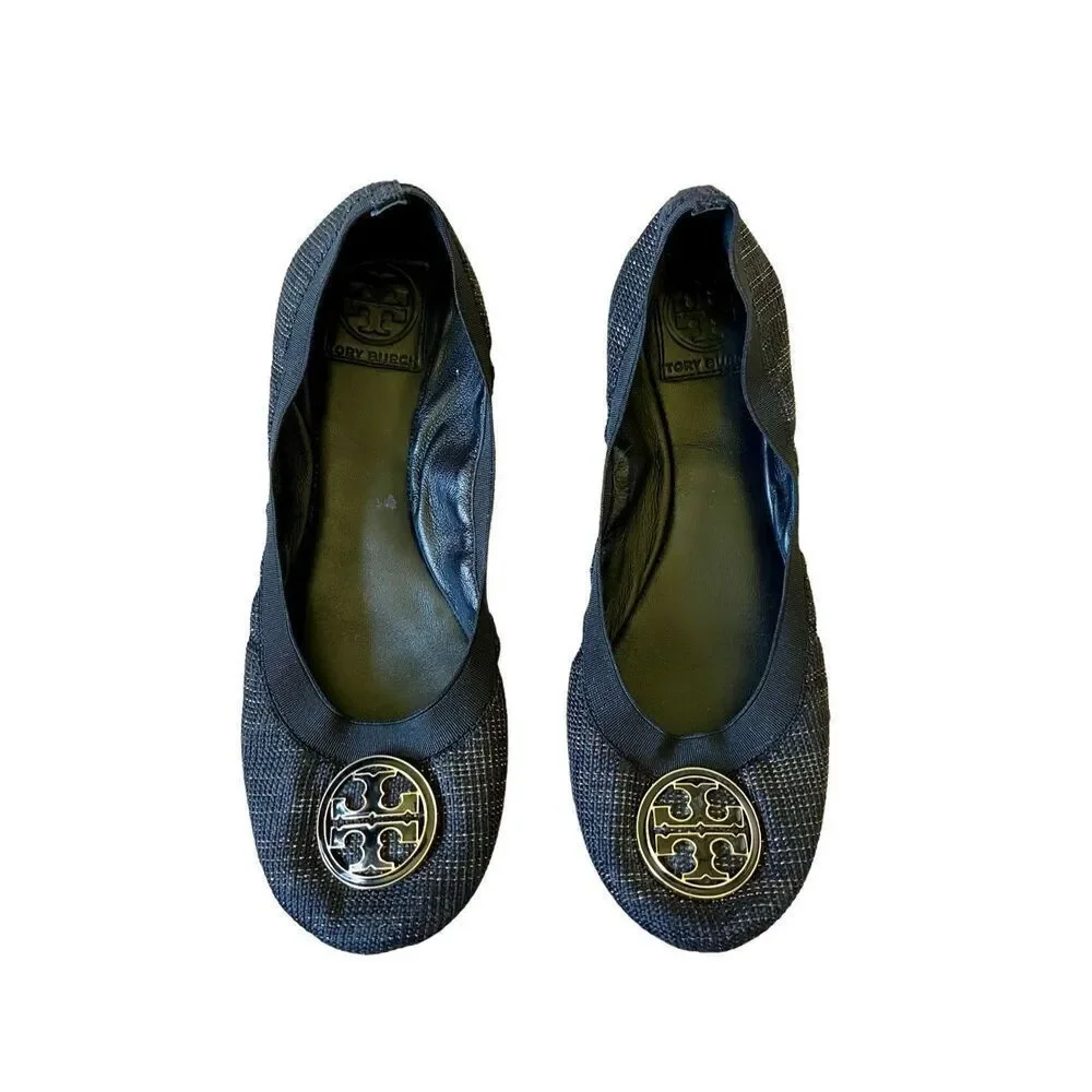 Tory Burch Caroline Black Flats with Gold Metallic Thread 8.5